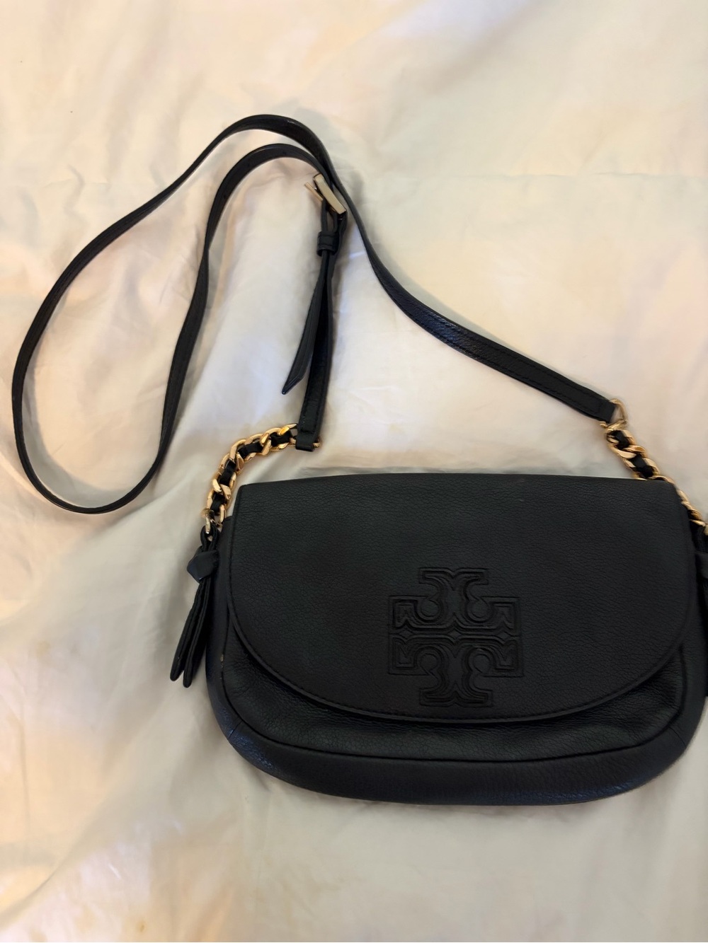 Tory Burch Harper Black Pebbled Leather Crossbody Bag Gold Chain